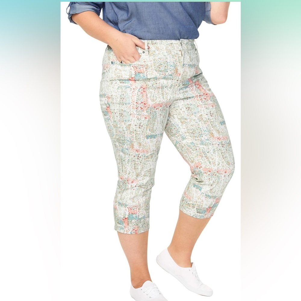 NYDJ Women's Ivory, Green, Paisley Marilyn Straight Crop Capris Plus Size 14 - Picture 7 of 9